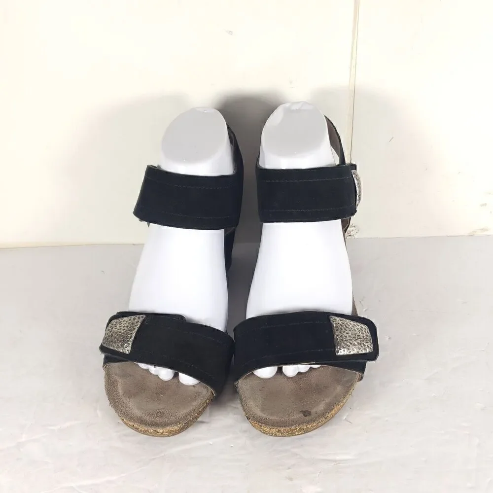 Mephisto Women's Jackie 40 US9-9,5 Black Leather Cork Embellished Wedge Sandals